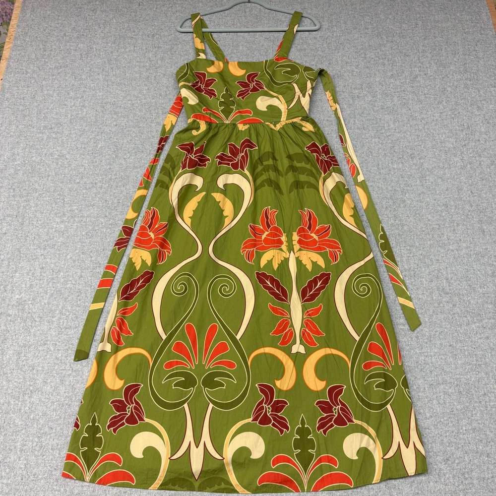 Zara Floral Maxi Dress Medium Green Orange Cotton Tropical Sleeveless Belted Zip